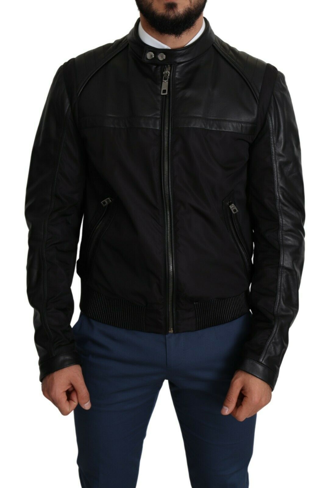 Veste bomber noire en nylon pour homme de Dolce & Gabbana avec fermeture éclair complète, style moderne et élégant.