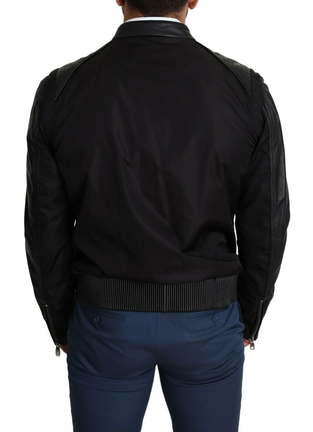 Veste bomber noire en nylon Dolce & Gabbana pour homme avec zip complet et style moderne.