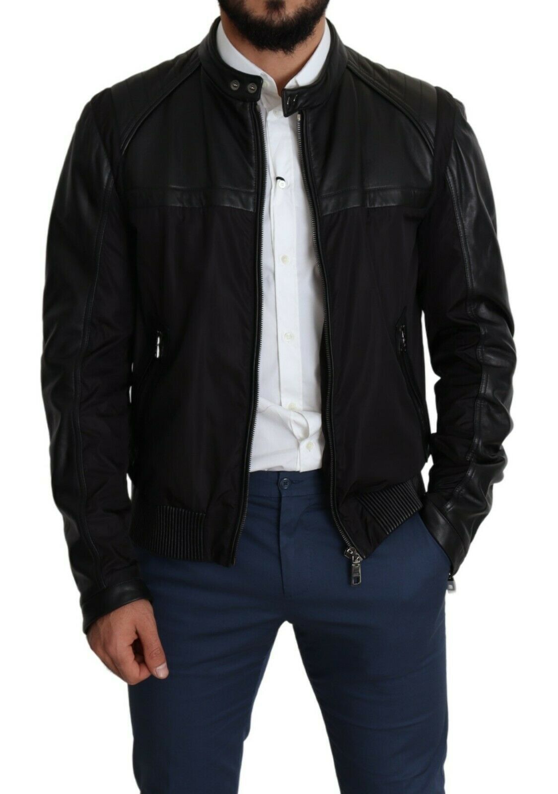 Veste bomber homme en nylon noir Dolce & Gabbana avec zip intégral, style moderne et silhouette élégante.