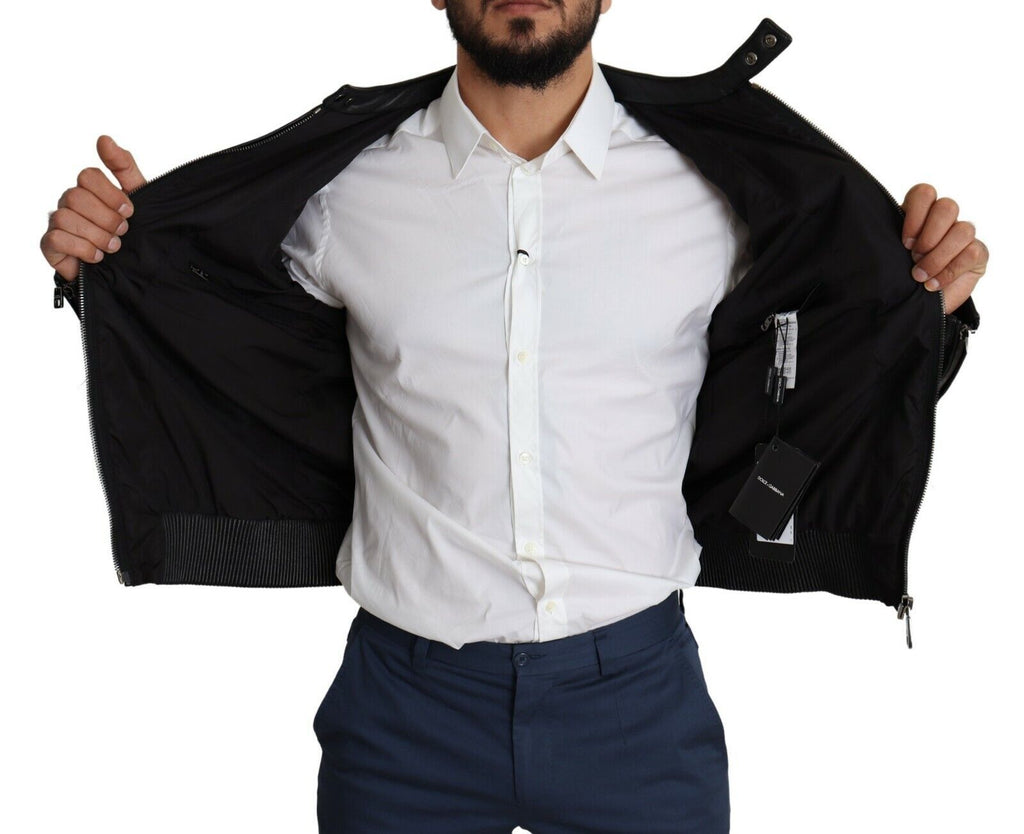 Veste bomber noire en nylon pour homme de Dolce & Gabbana, veste zippée pleine longueur avec col montant et poches latérales.