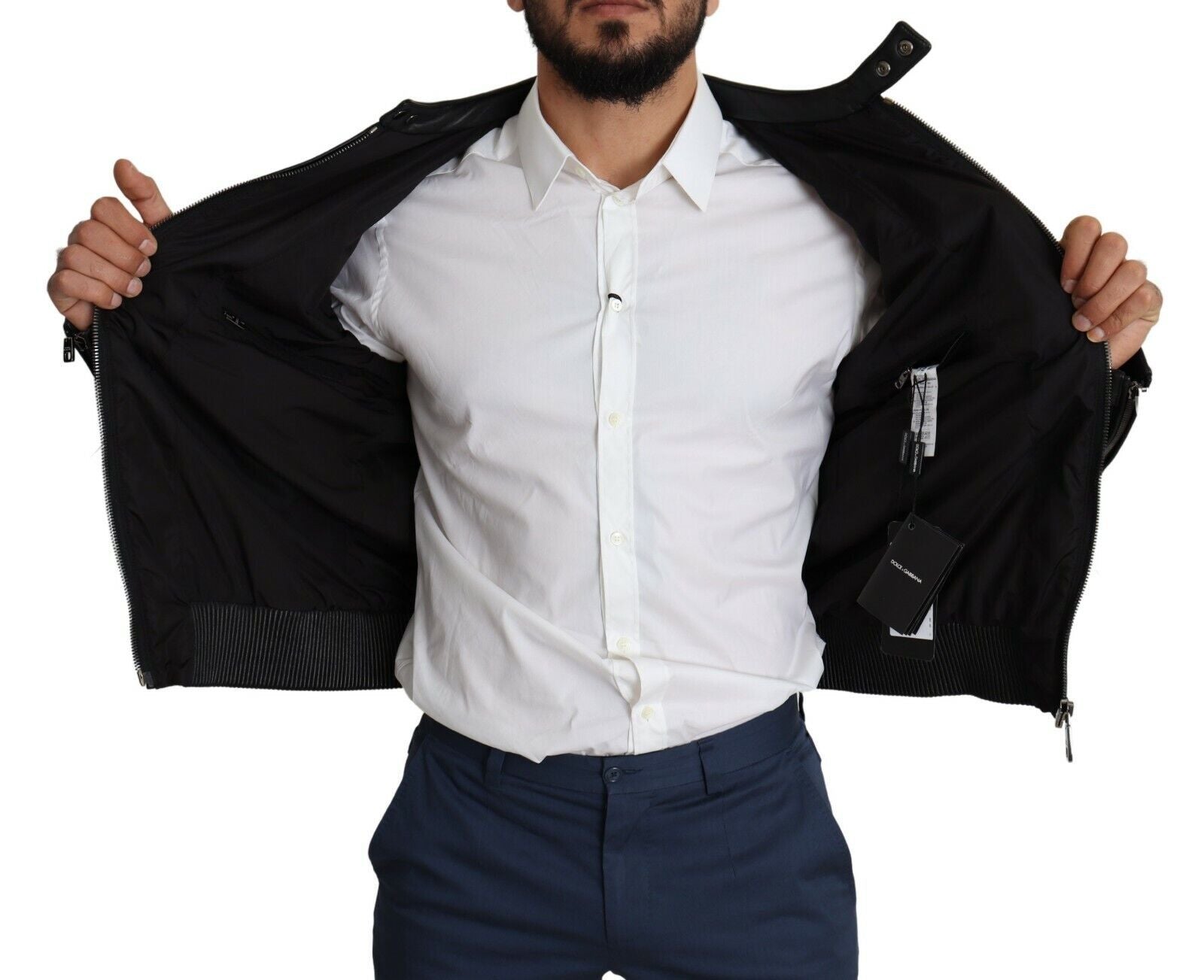 Veste bomber noire en nylon pour homme de Dolce & Gabbana, veste zippée pleine longueur avec col montant et poches latérales.