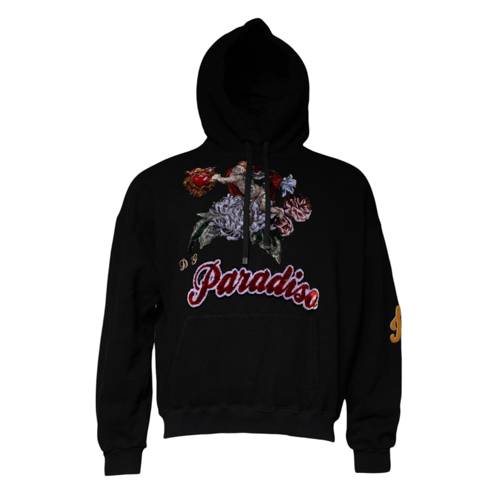 Sweatshirt à capuche pour homme Dolce & Gabbana Paradiso noir, style décontracté en coton avec logo imprimé, vue de face.
