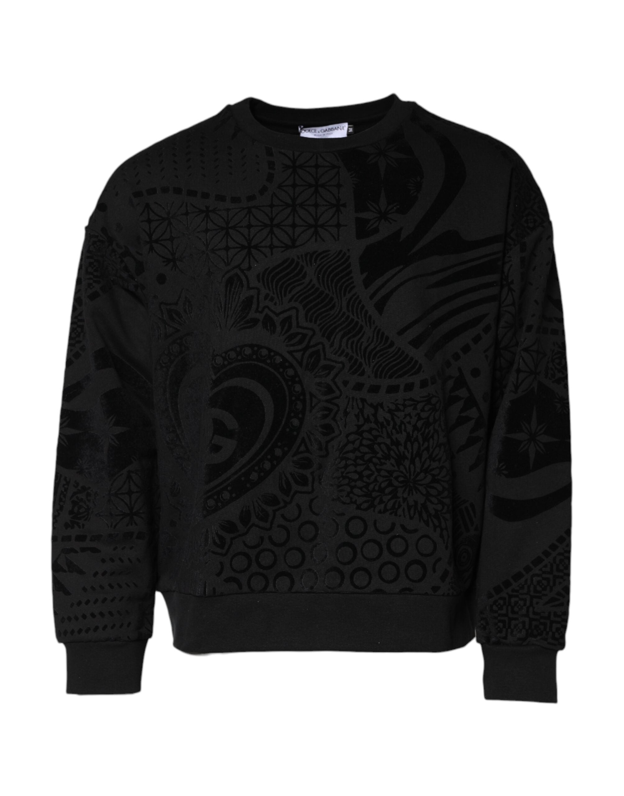Sweatshirt noir Dolce & Gabbana à col rond avec imprimé graphique visible sur le devant, tissu confortable et décontracté.