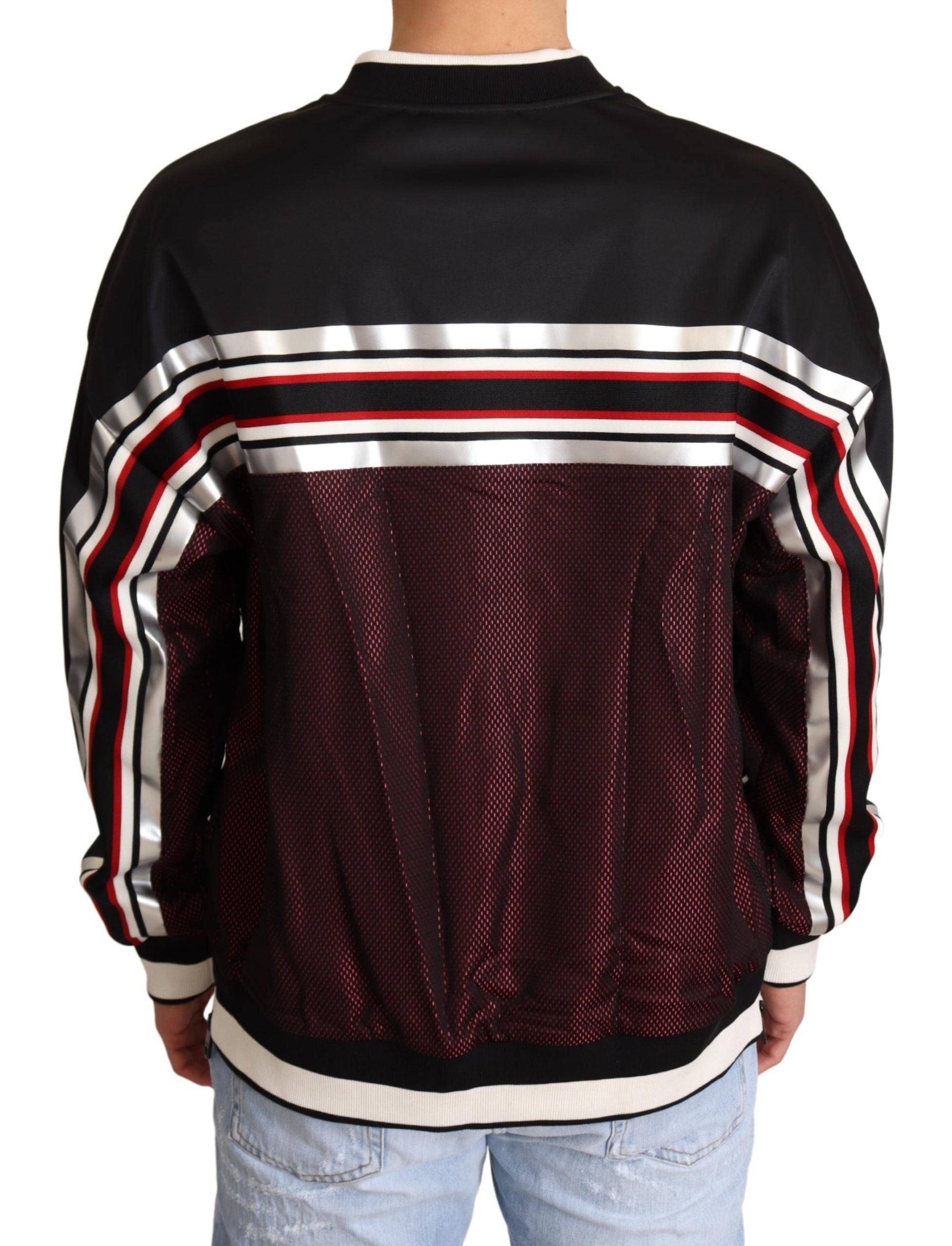 Pull à col rond Dolce & Gabbana en mesh noir et rouge, style sport, confortable et tendance pour homme.