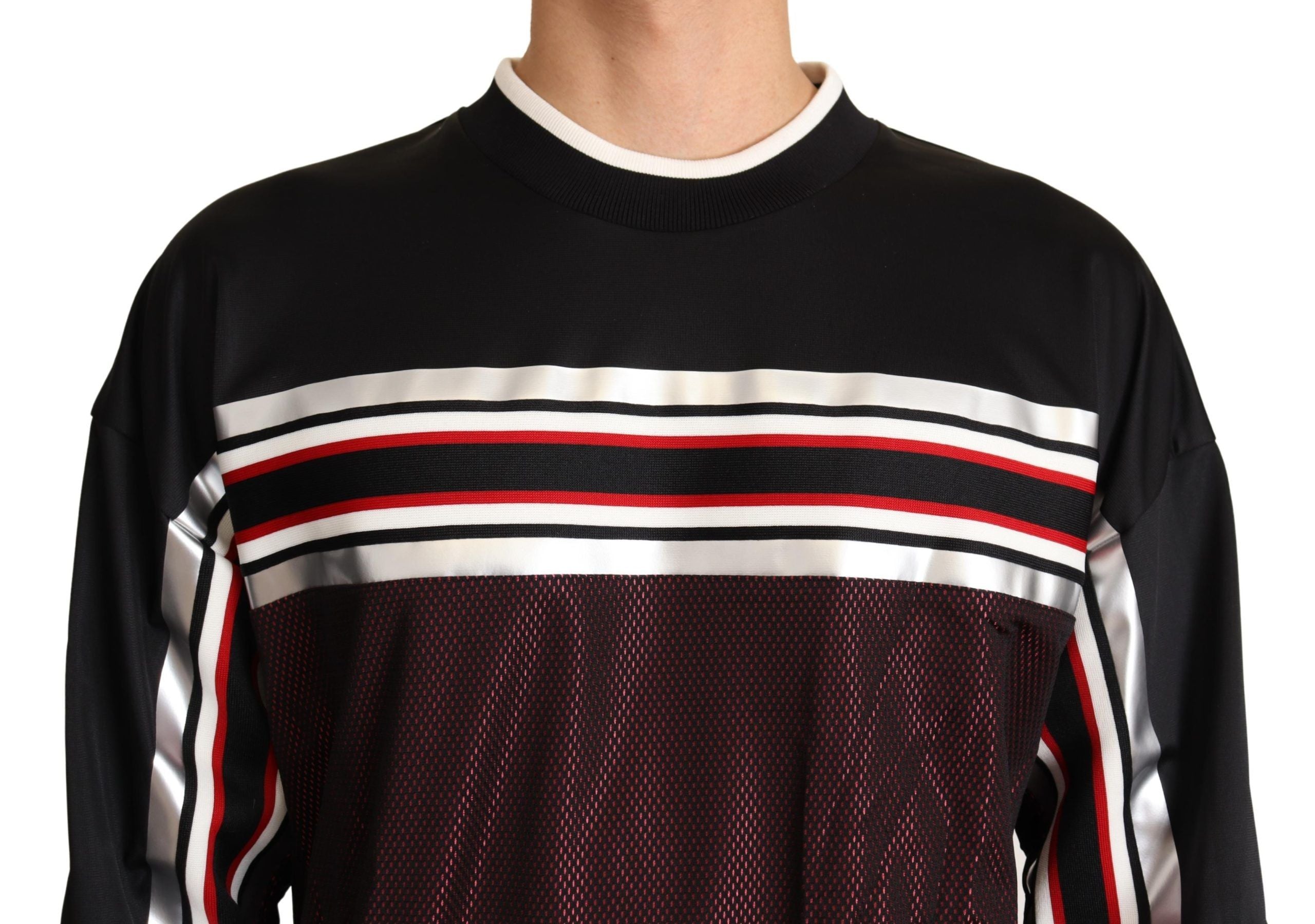 Pull à col rond Dolce & Gabbana, en mesh noir et rouge, style sport, pour homme.