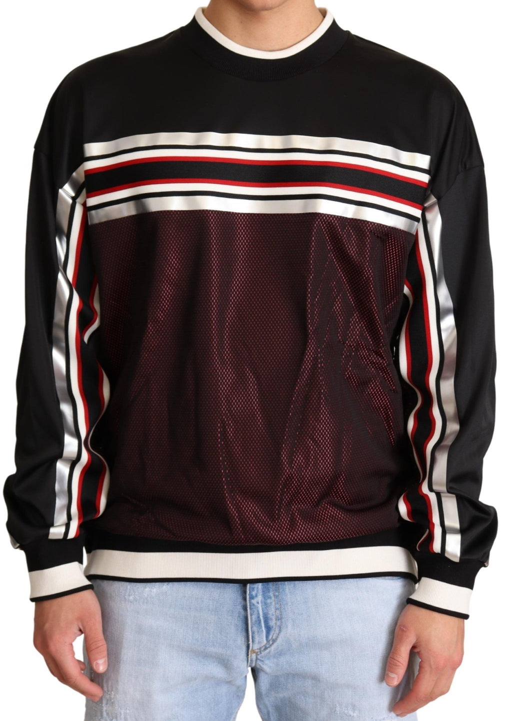 Pull à col rond Dolce & Gabbana en mesh noir et rouge, pull sportif en maille avec logo de la marque visible