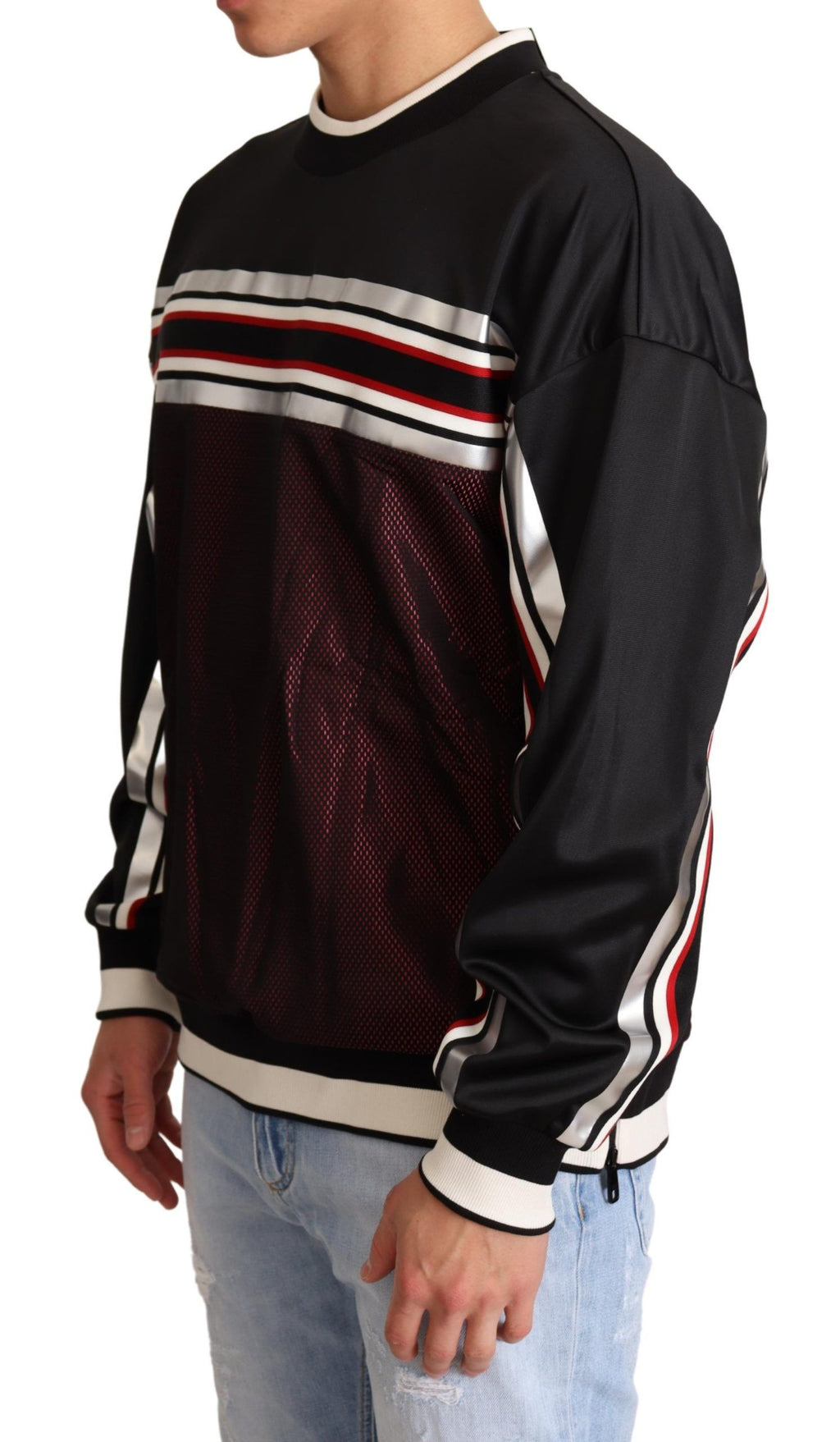 Pull à col rond Dolce & Gabbana en mesh noir et rouge, style sport, pour homme.