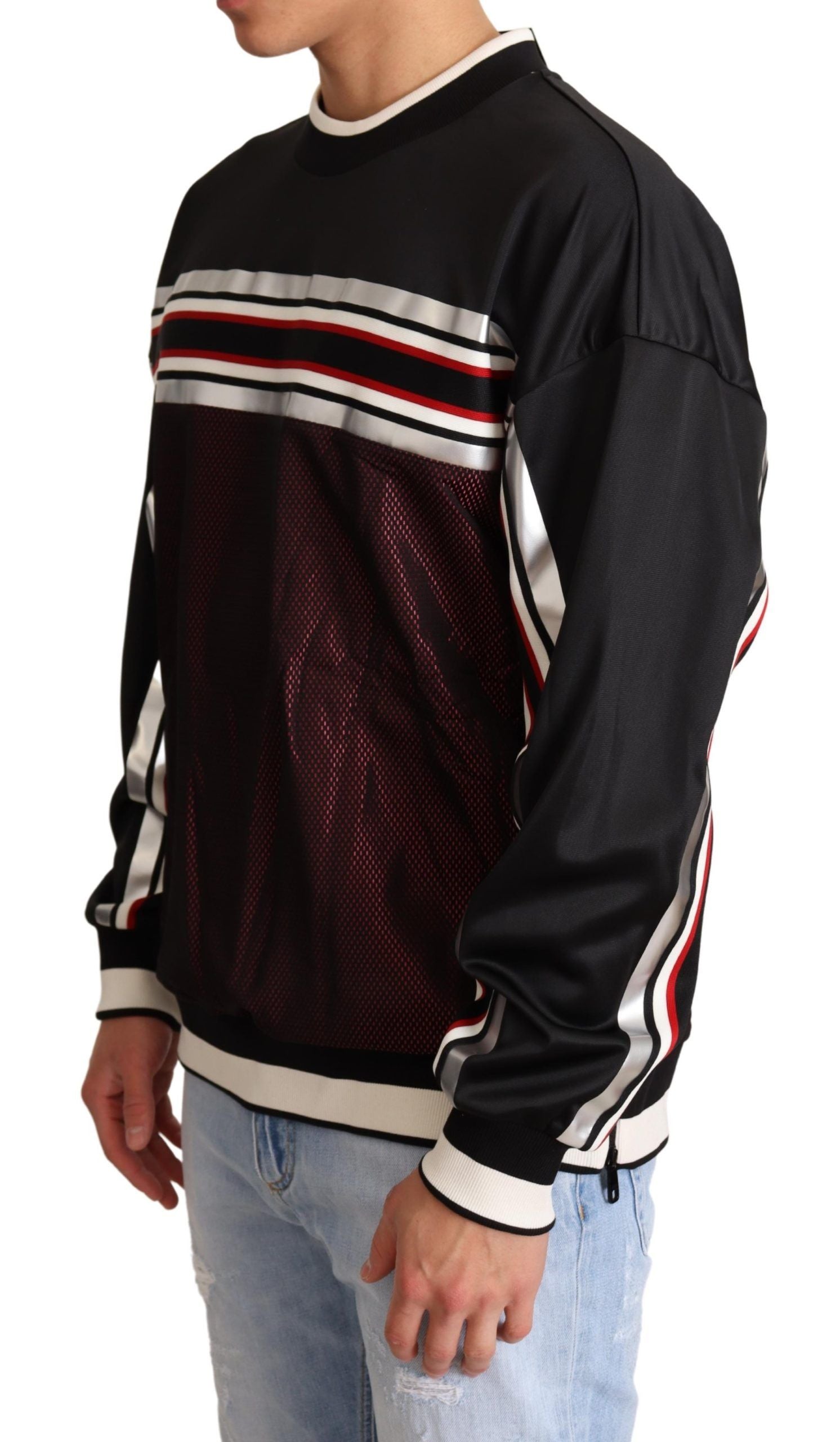 Pull à col rond Dolce & Gabbana en mesh noir et rouge, style sport, pour homme.