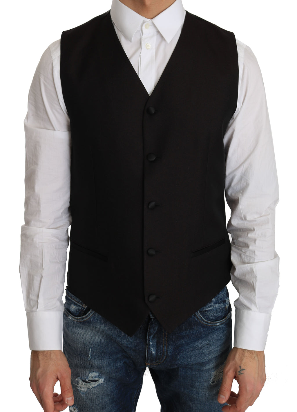 Veste cintrée en soie noire de Dolce & Gabbana, robe chic élégante pour femme, détail de la taille et tissu luxueux.