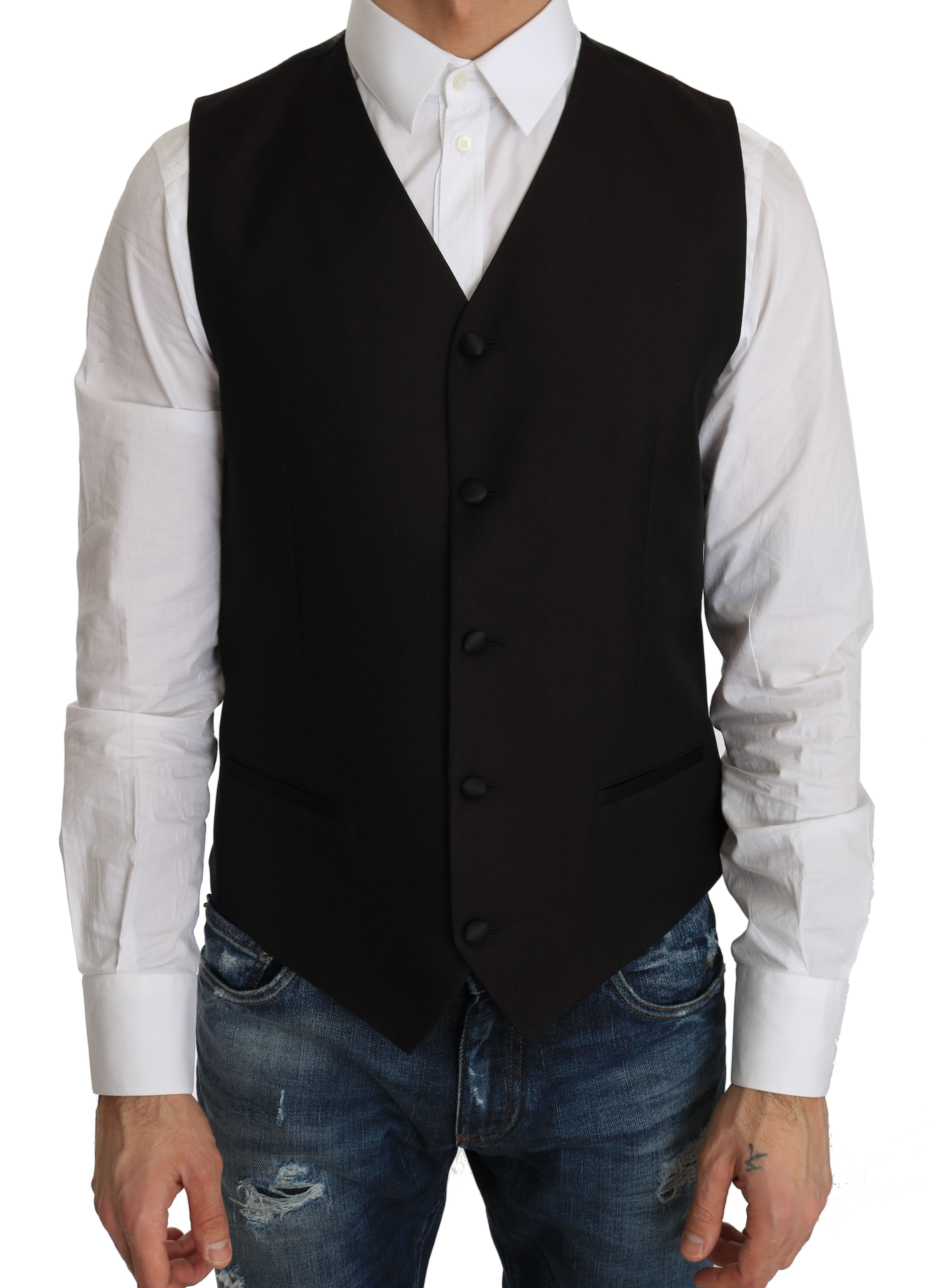 Veste cintrée en soie noire de Dolce & Gabbana, robe chic élégante pour femme, détail de la taille et tissu luxueux.