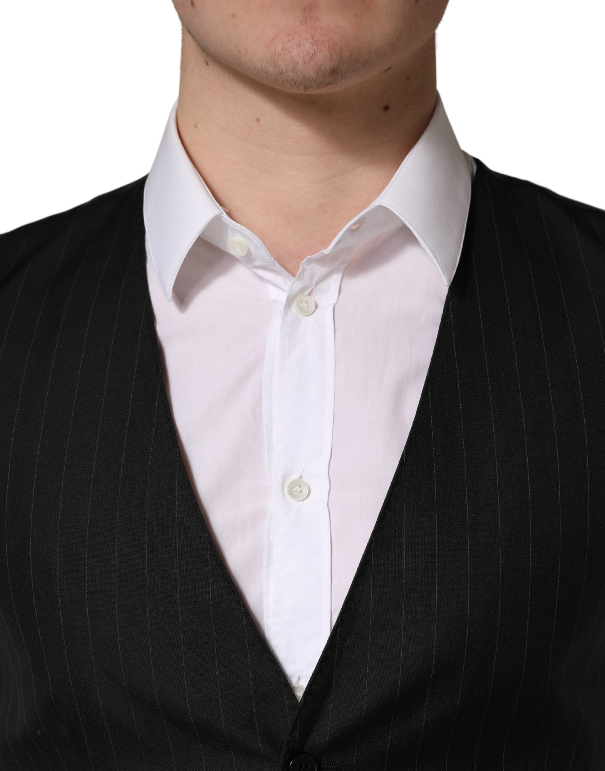 Gilet noir à rayures Dolce & Gabbana, single-breasted, veste cintrée élégante pour homme, en tissu de qualité.