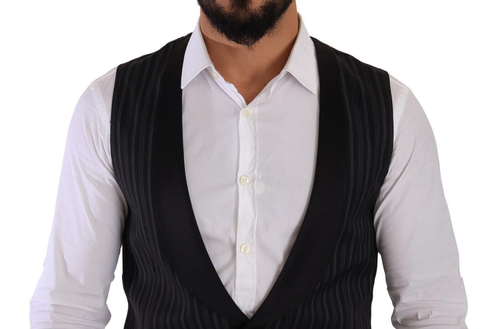 Gilet en laine et soie rayé noir de Dolce & Gabbana, veste cintrée avec détails élégants.
