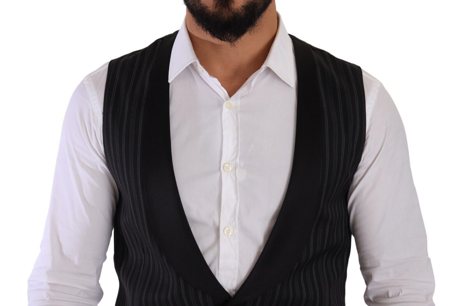 Gilet en laine et soie rayé noir de Dolce & Gabbana, veste cintrée avec détails élégants.