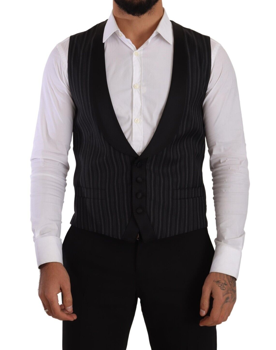 Gilet en laine et soie noir à rayures de Dolce & Gabbana, veste cintrée élégante pour homme ou femme.