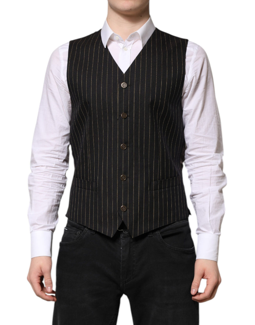 Gilet formel pour homme Dolce & Gabbana en laine noire avec rayures, élégant et ajusté, porté sur une chemise blanche.