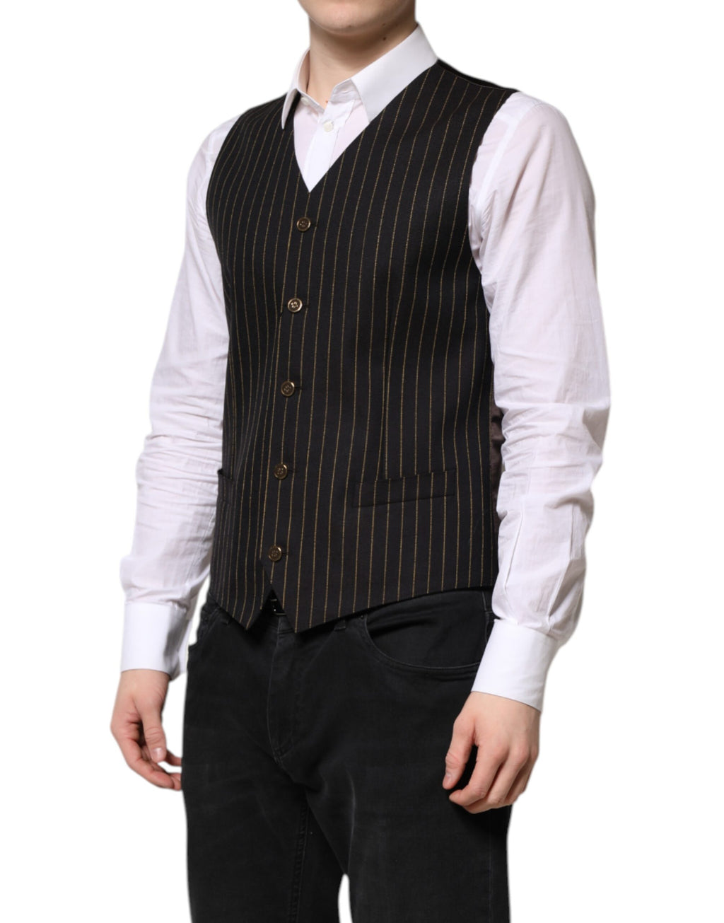 Gilet homme Dolce & Gabbana en laine noire à rayures formelles, ajusté et élégant, pour tenue habillée.