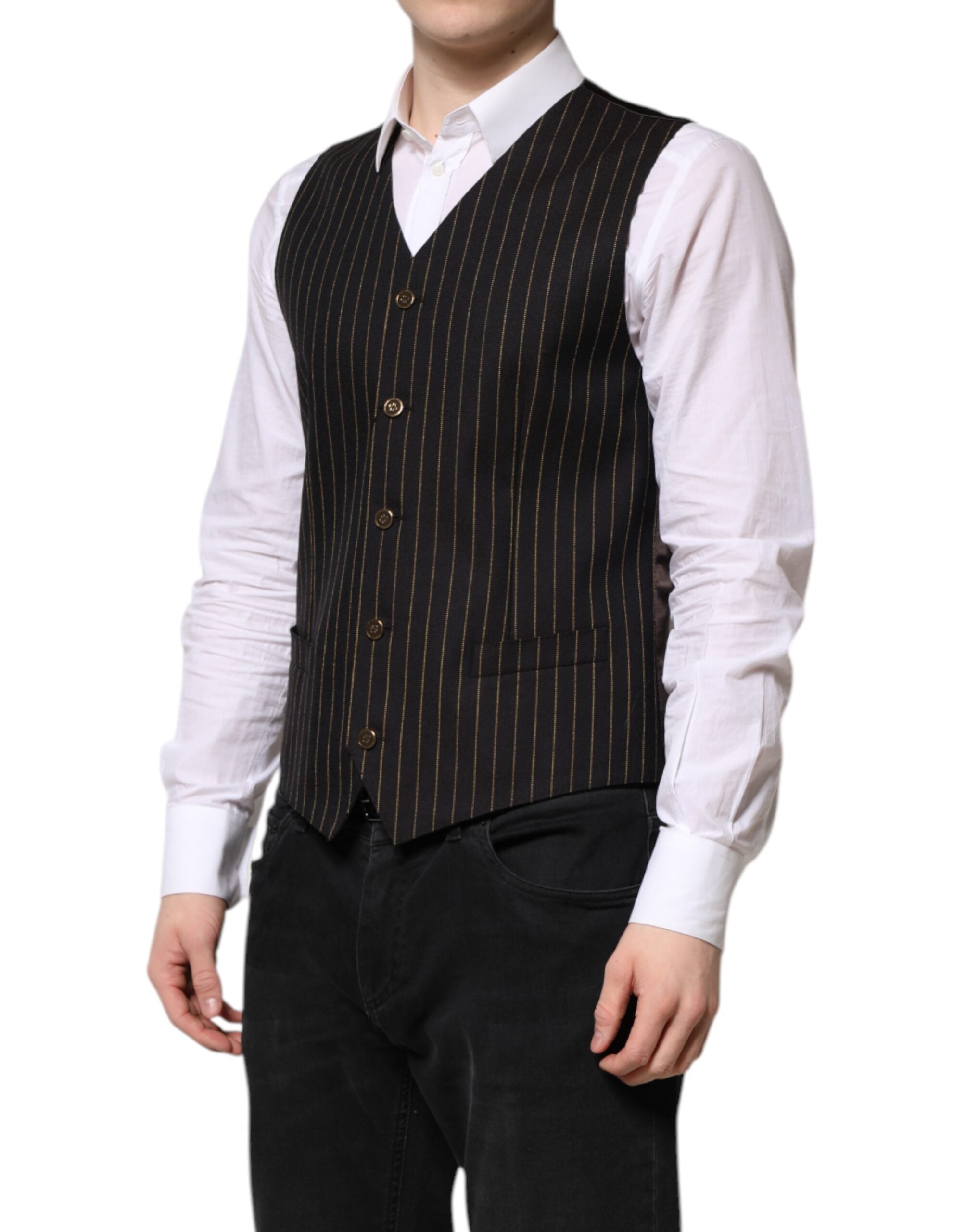 Gilet homme Dolce & Gabbana en laine noire à rayures formelles, ajusté et élégant, pour tenue habillée.