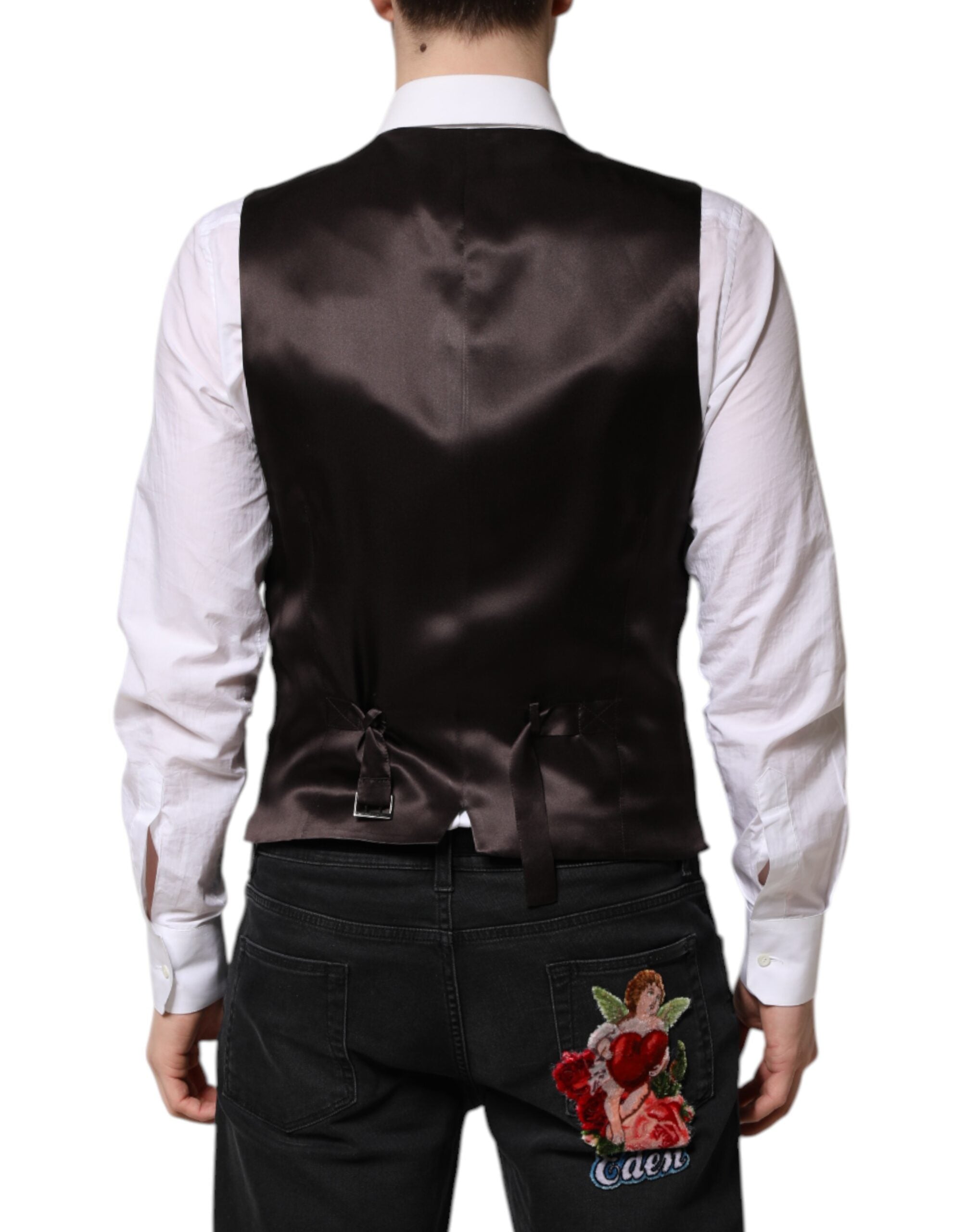 Gilet formel pour hommes Dolce & Gabbana en laine noire à rayures, veste élégante avec fermeture à boutons.