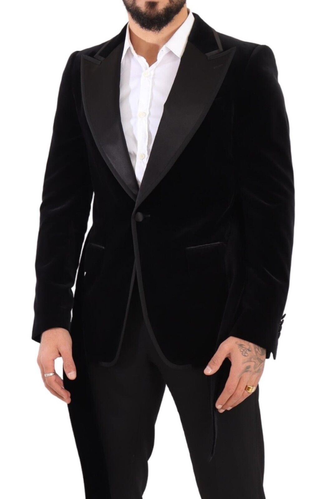 Blazer noir en velours à un bouton de la marque Dolce & Gabbana, coupe élégante et détails raffinés.