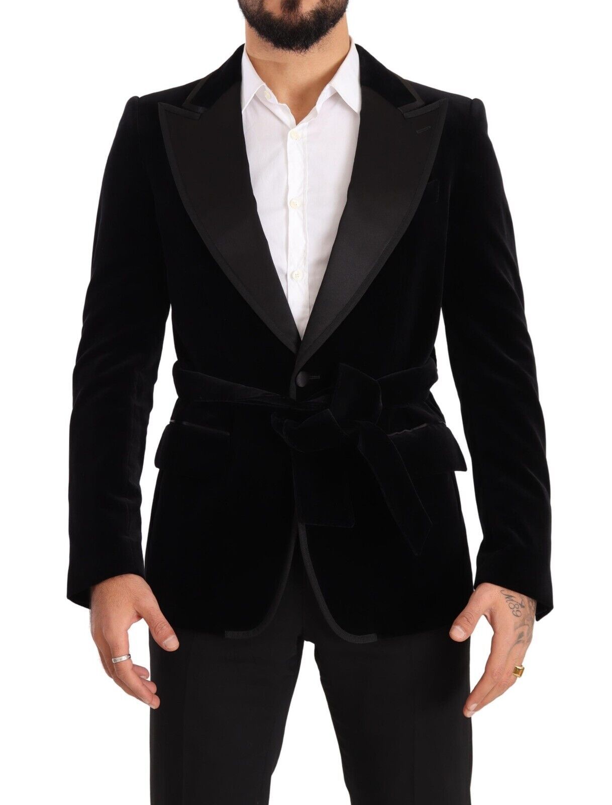 Veste blazer en velours noir Dolce & Gabbana à un bouton, coupe classique et élégante, vue de face.