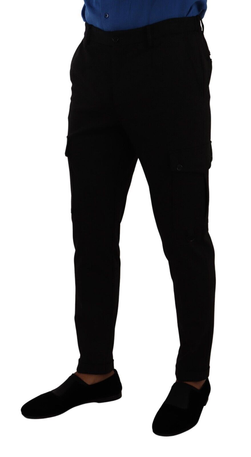 Pantalon cargo skinny noir en viscose de Dolce & Gabbana, modéle moderne et élégant, visible en détail dans l’image.