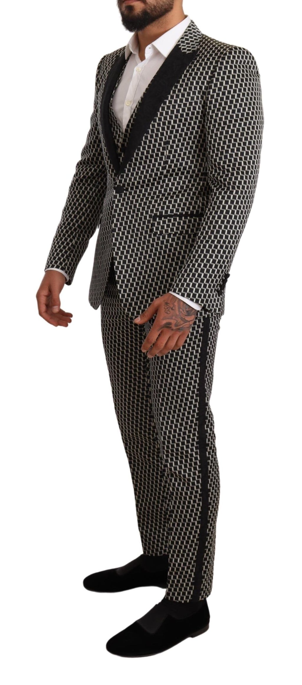 Costume trois pièces Dolce & Gabbana à carreaux noir et blanc, élégant ensemble martini pour homme.