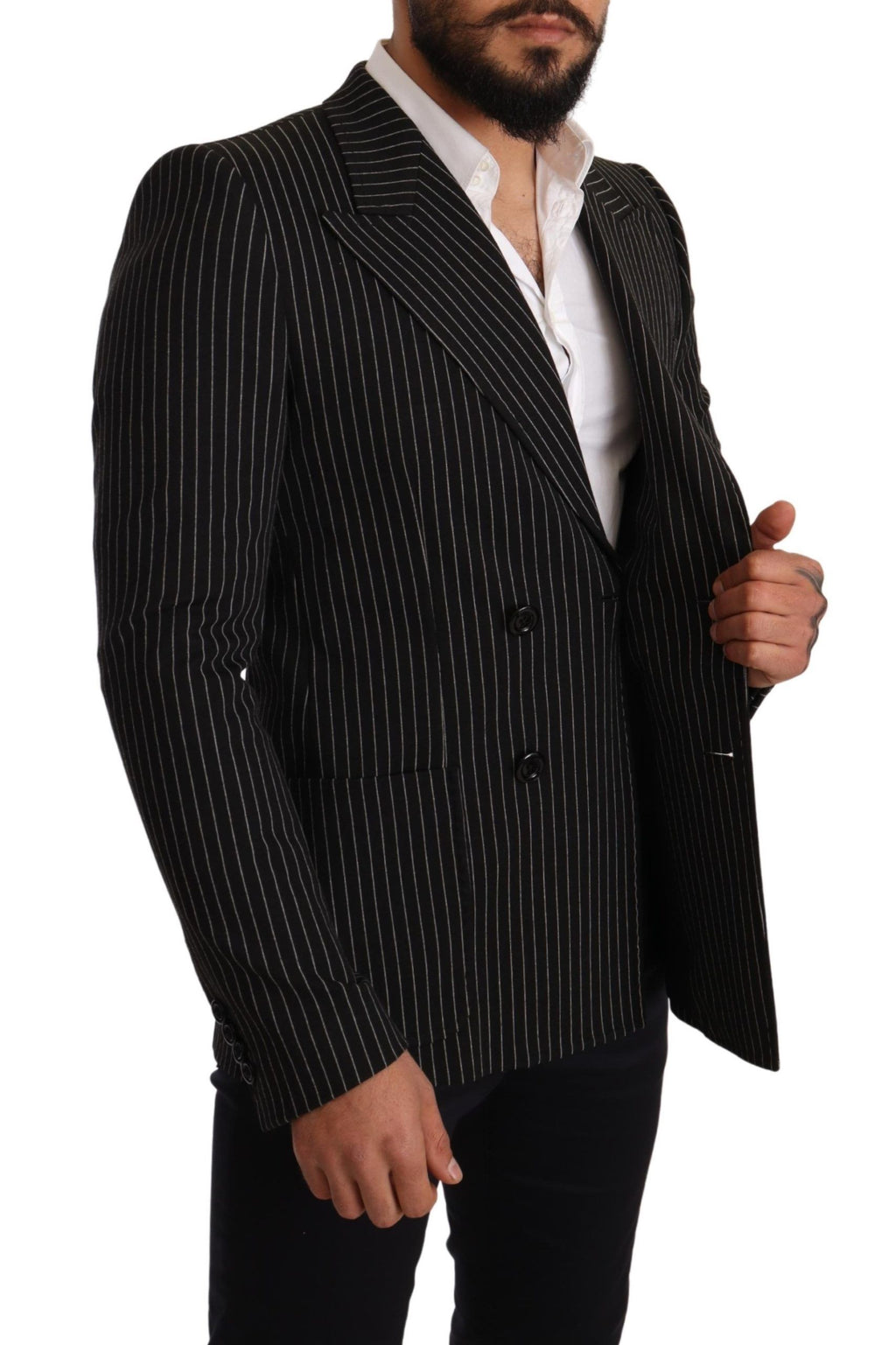 Manteau blazer slim noir et blanc à rayures de Dolce & Gabbana, vue de face sur mannequin.
