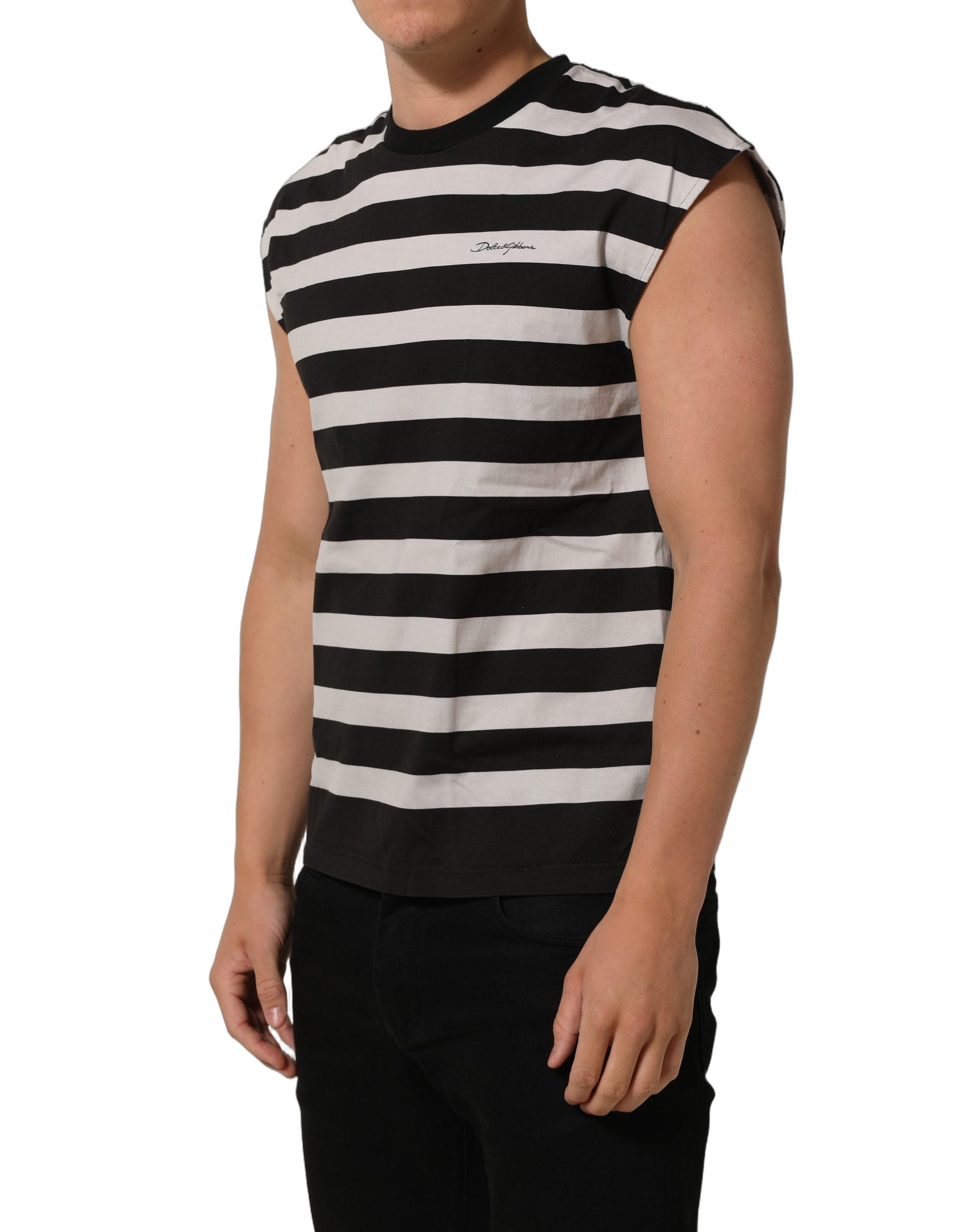 T-shirt sans manches en coton noir et blanc à rayures de Dolce & Gabbana, design élégant et moderne.