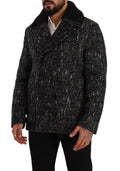 Manteau homme en laine noire Dolce & Gabbana, double boutonnage, veste élégante avec col et poches latérales.