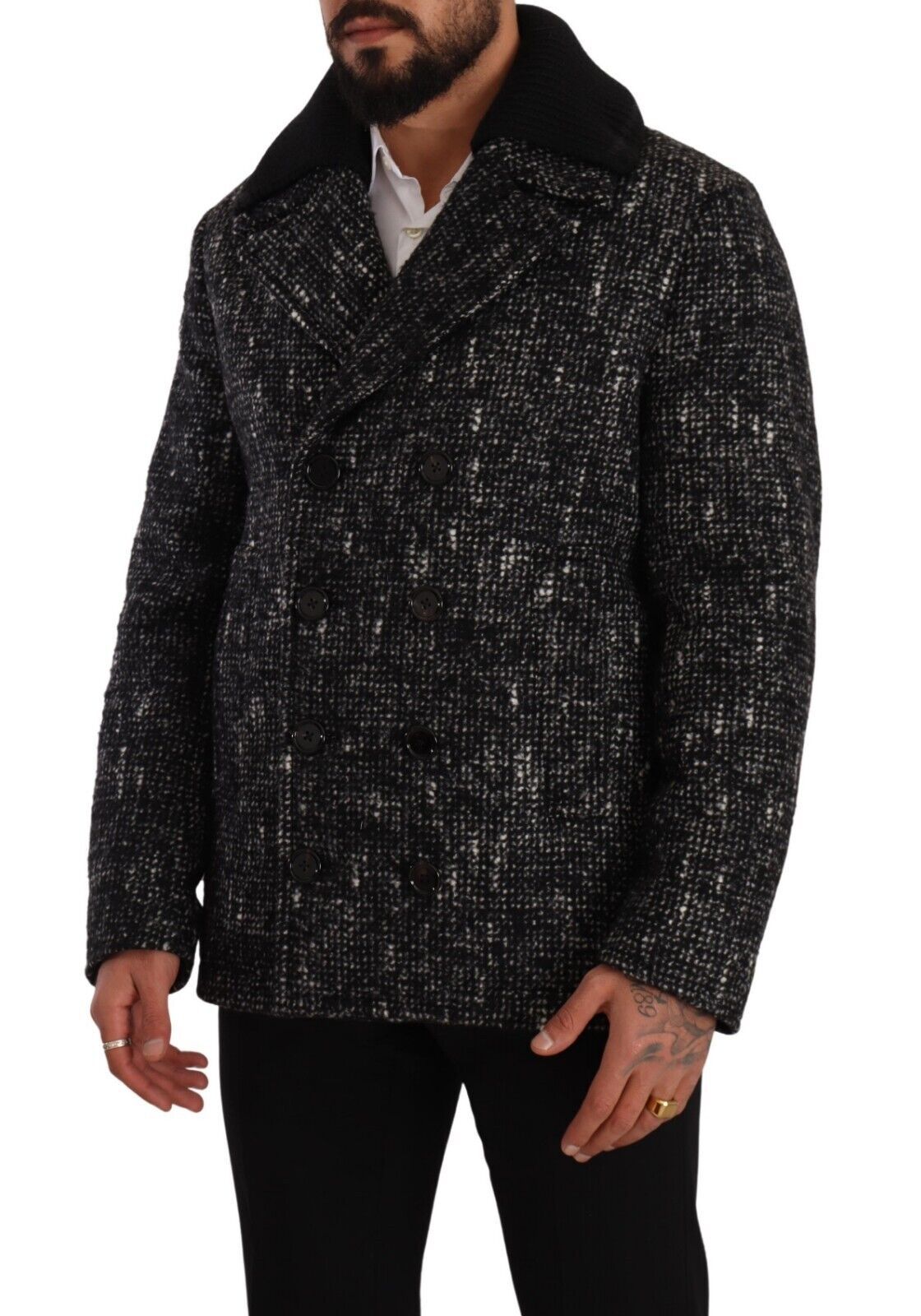 Manteau homme en laine noire Dolce & Gabbana, double boutonnage, veste élégante avec col et poches latérales.