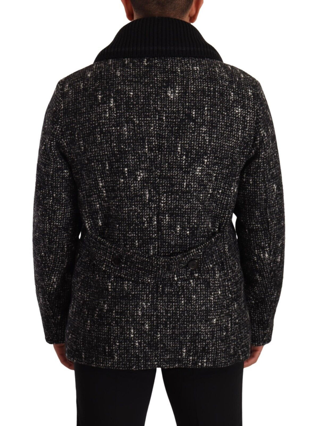 Manteau homme Dolce & Gabbana en laine noire, croisé à double boutonnage, style élégant et sophistiqué.