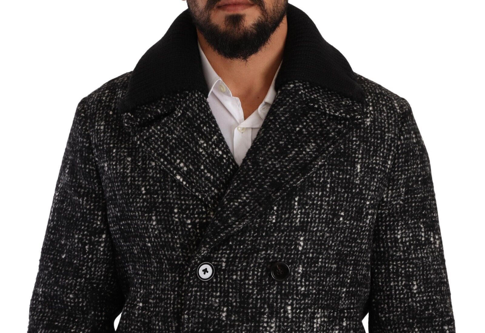 Manteau homme en laine noire Dolce & Gabbana, double boutonnage, style élégant et classique.