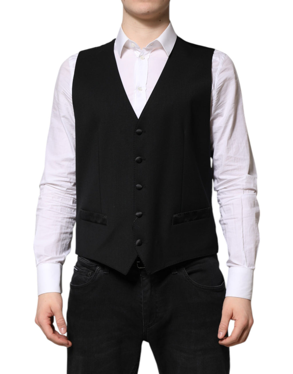Gilet en laine noir pour homme de marque Dolce & Gabbana, vêtement formel élégant et ajusté.