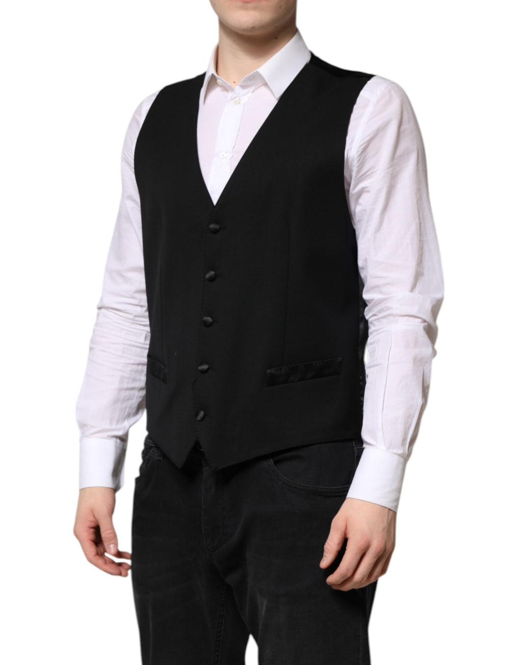 Gilet homme noir en laine Dolce & Gabbana, vêtement formel avec coupe élégante et détails sophistiqués.