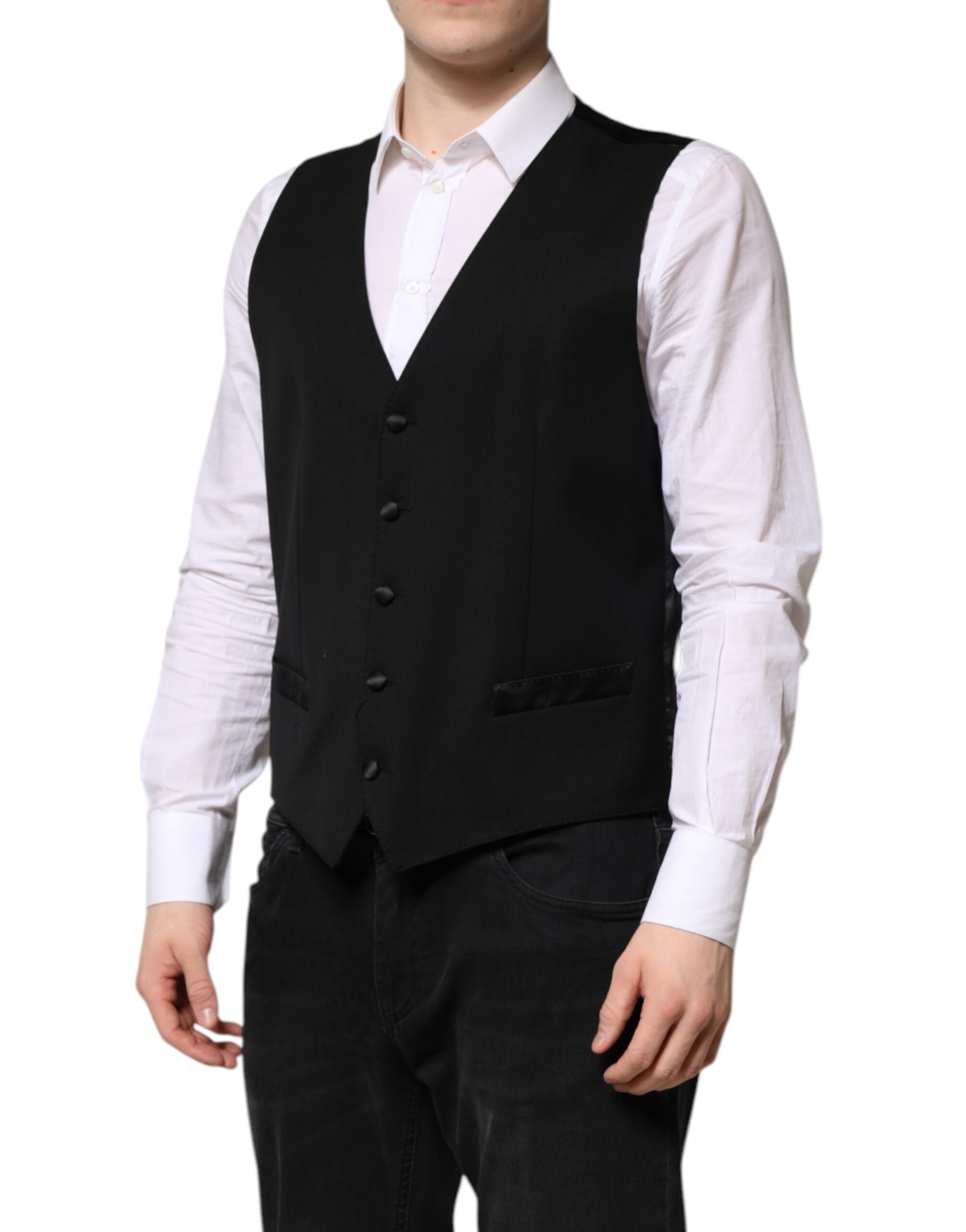 Gilet homme noir en laine Dolce & Gabbana, vêtement formel avec coupe élégante et détails sophistiqués.