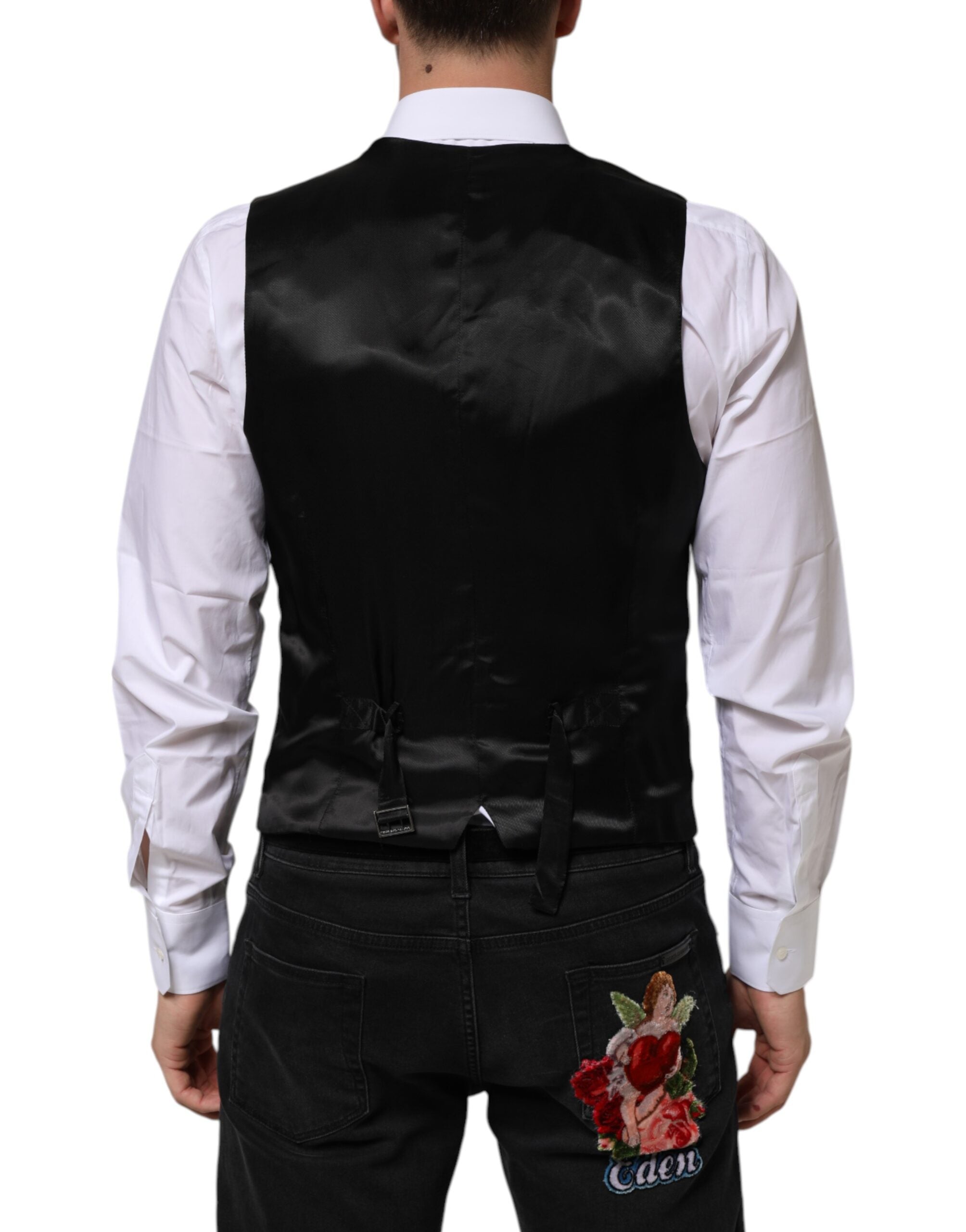 Gilet homme en laine noire de luxe Dolce & Gabbana, vêtement formel élégant pour occasion spéciale.