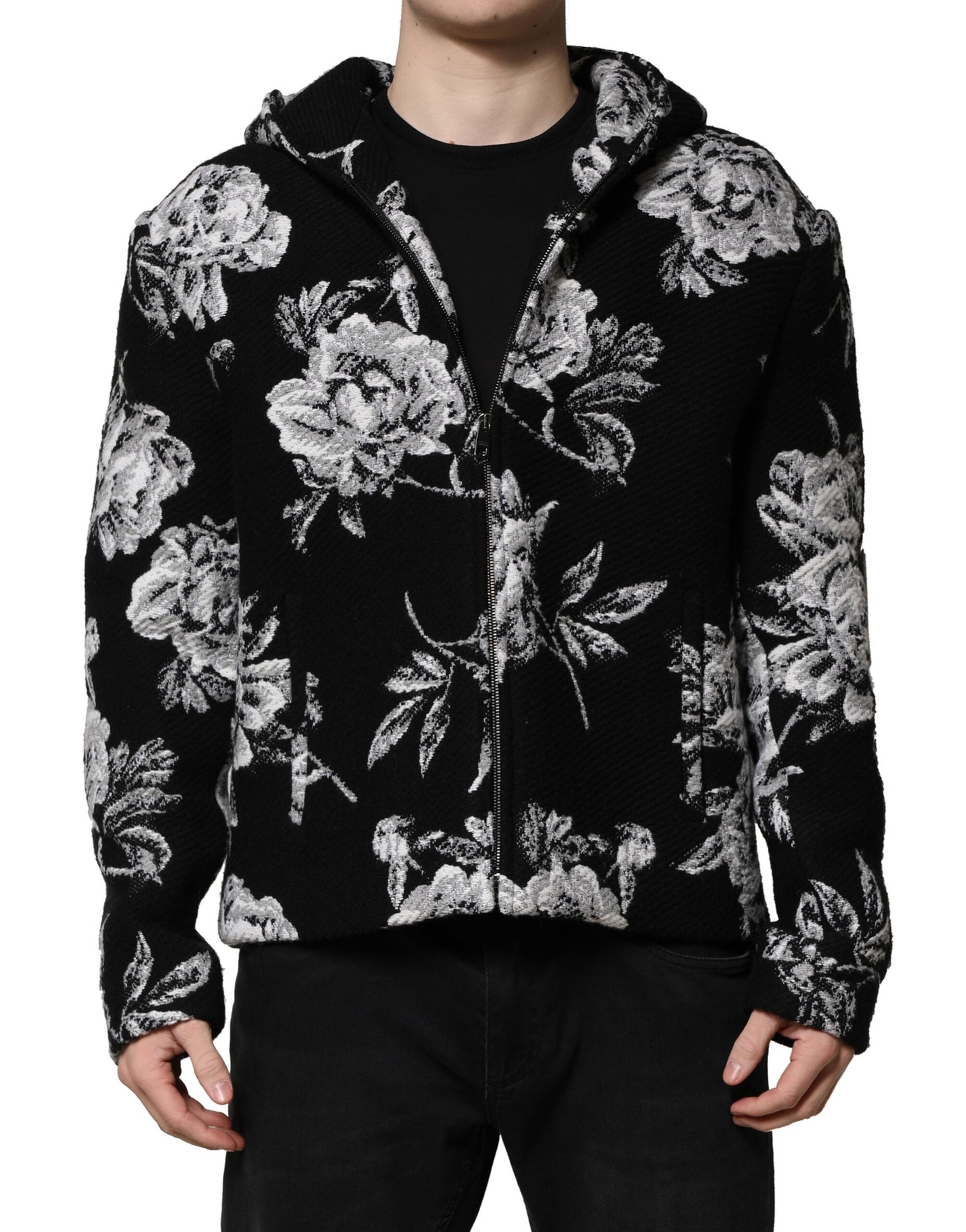 Veste à capuche pour homme Dolce & Gabbana, en laine noire avec imprimé floral, style élégant et moderne.