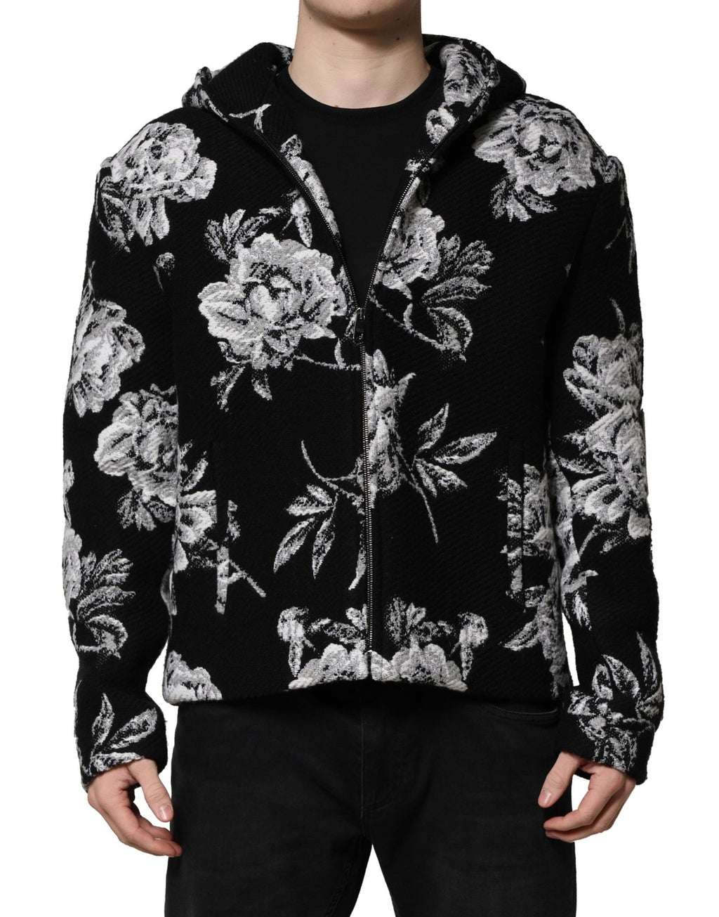 Veste à capuche pour homme Dolce & Gabbana, en laine noire avec imprimé floral, design élégant et moderne.