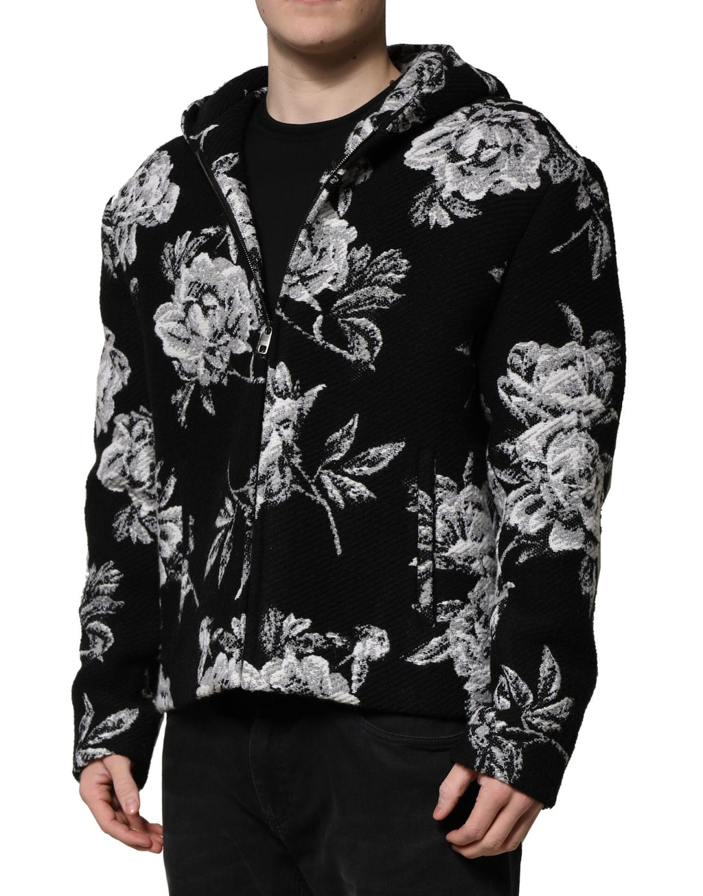Veste à capuche pour homme en laine noire Dolce & Gabbana avec imprimé floral, style élégant et tendance.
