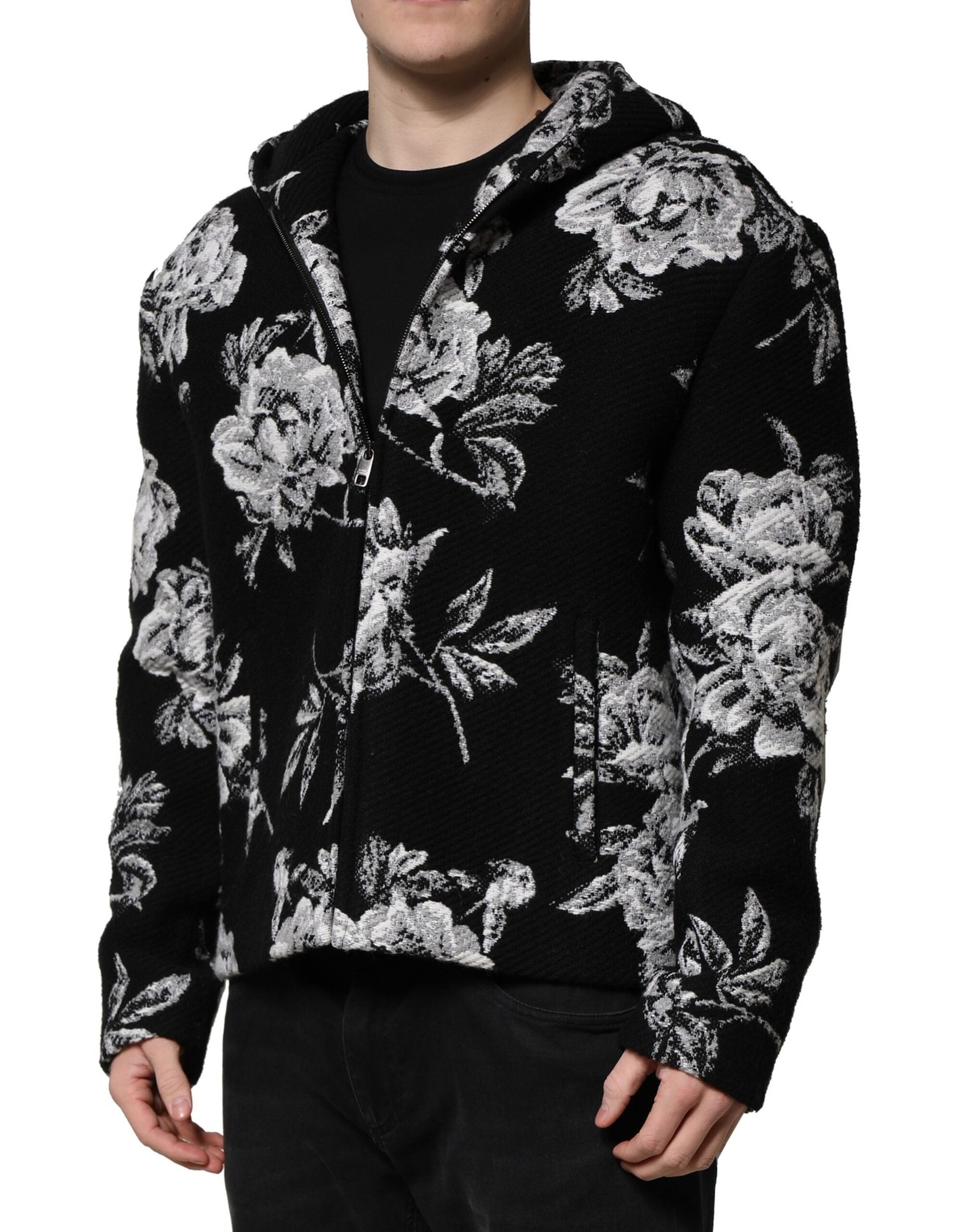 Veste à capuche pour homme en laine noire Dolce & Gabbana avec imprimé floral, style élégant et tendance.