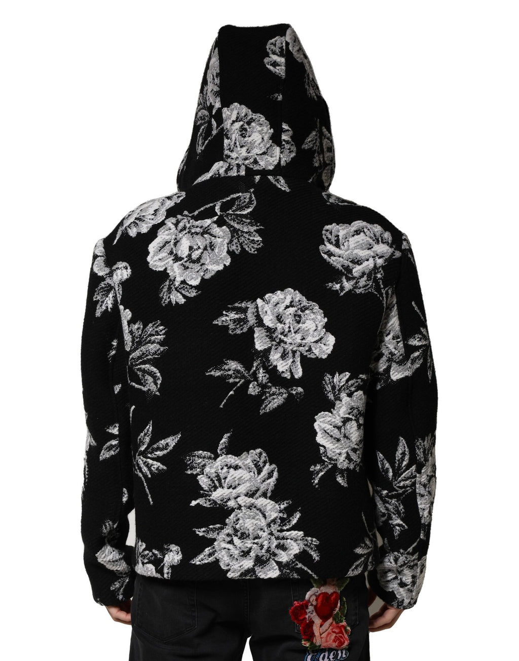 Veste à capuche en laine noire Dolce & Gabbana avec imprimé floral pour homme, détails élégants et style sophistiqué.