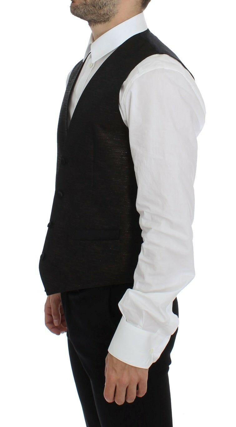 Gilet en laine noir Dolce & Gabbana avec logo, veste sans manches élégante, portée ouverte ou fermée, vue de face.
