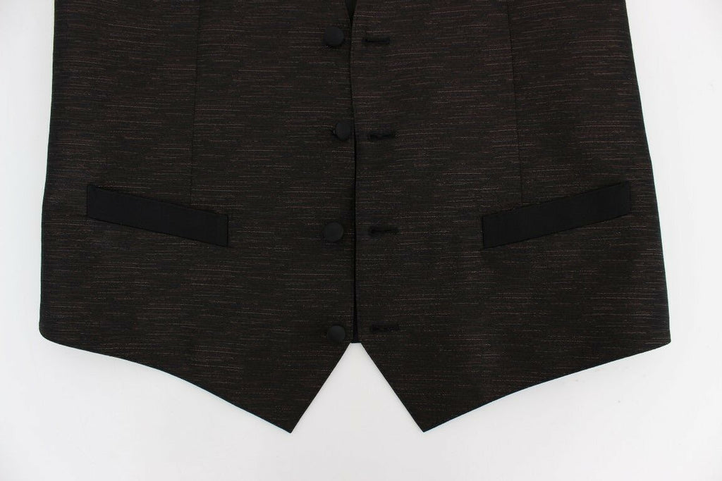 Gilet en laine noire Dolce & Gabbana avec logo, vêtement élégant et chaud, porté comme veste ou gilet.