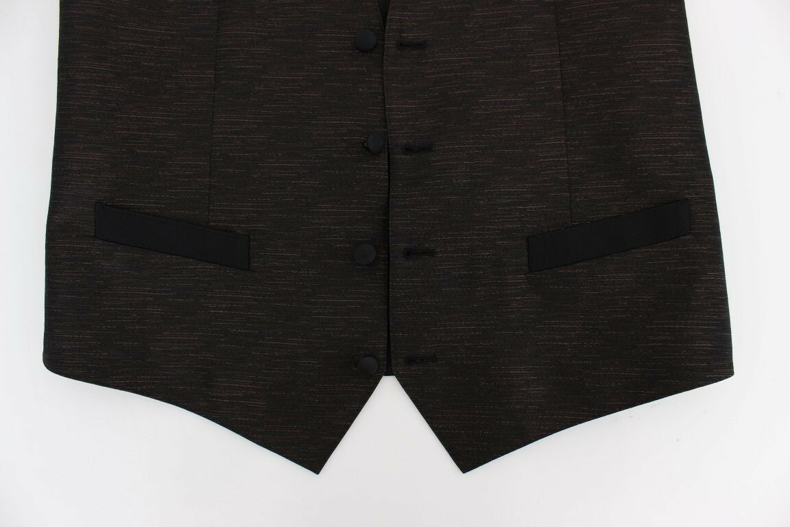 Gilet en laine noire Dolce & Gabbana avec logo, vêtement élégant et chaud, porté comme veste ou gilet.