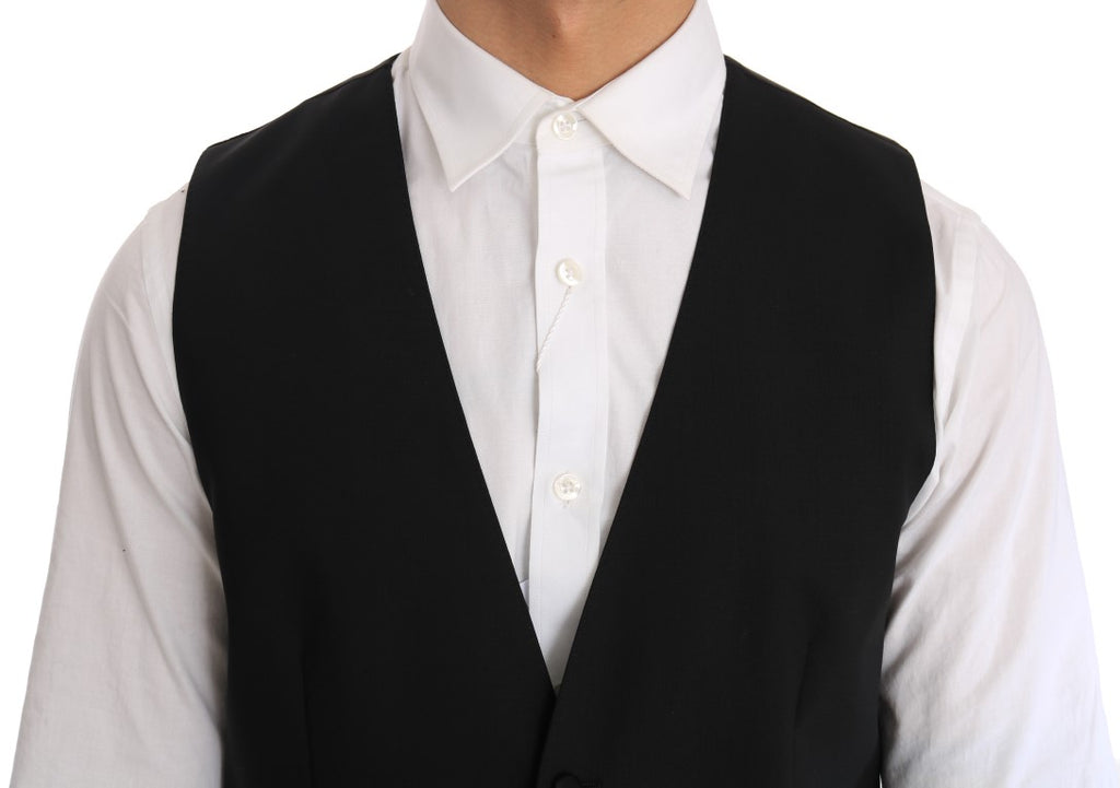 Gilet en laine et soie noir de Dolce & Gabbana, veste élégante avec détails sophistiqués, porté sur un mannequin.