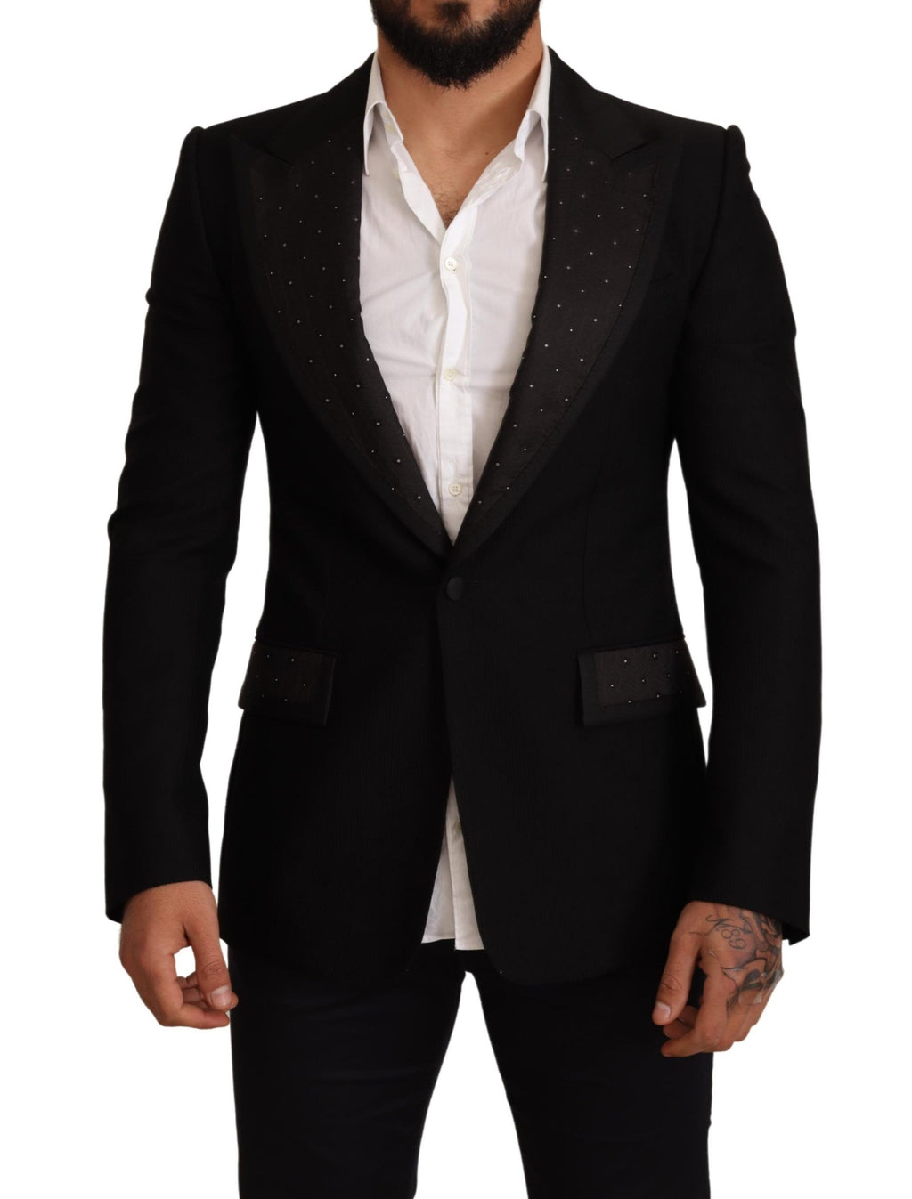 Manteau blazer en laine noire Dolce & Gabbana, coupe slim fit, élégant et sophistiqué, porté sur un mannequin.