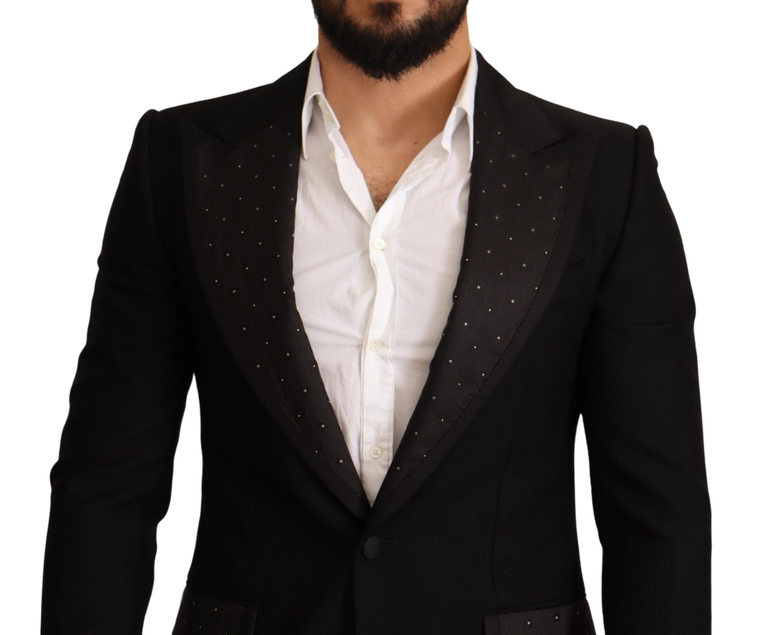Manteau blazer noir en laine Dolce & Gabbana à coupe slim, élégant et sophistiqué, porté sur un mannequin.