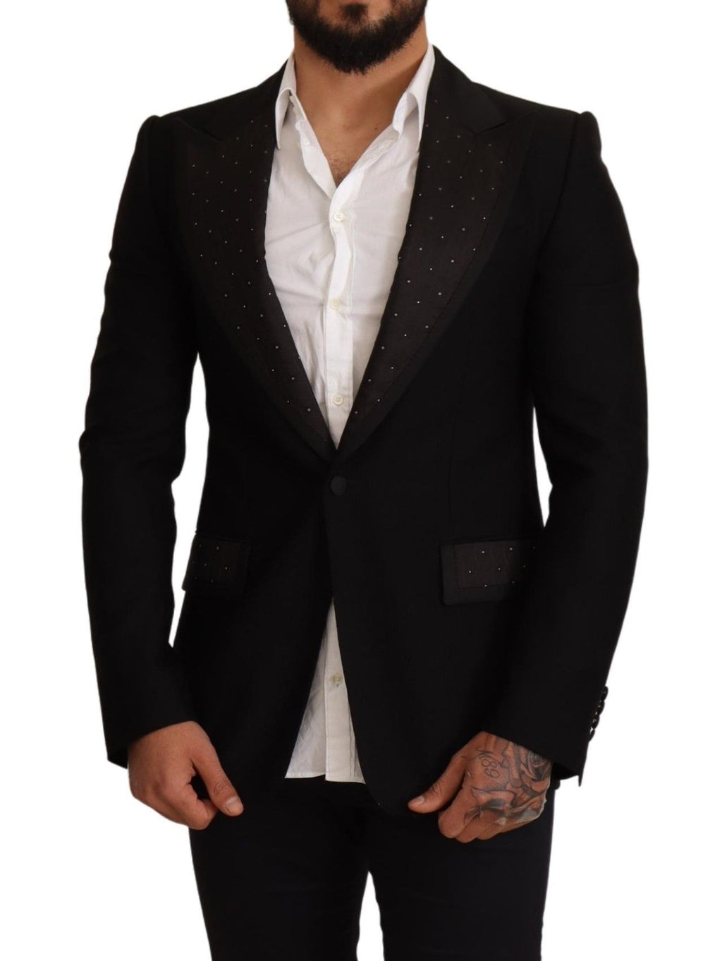 Blouson blazer noir en laine Dolce & Gabbana, coupe slim, veste élégante pour homme ou femme, détails sophistiqués.