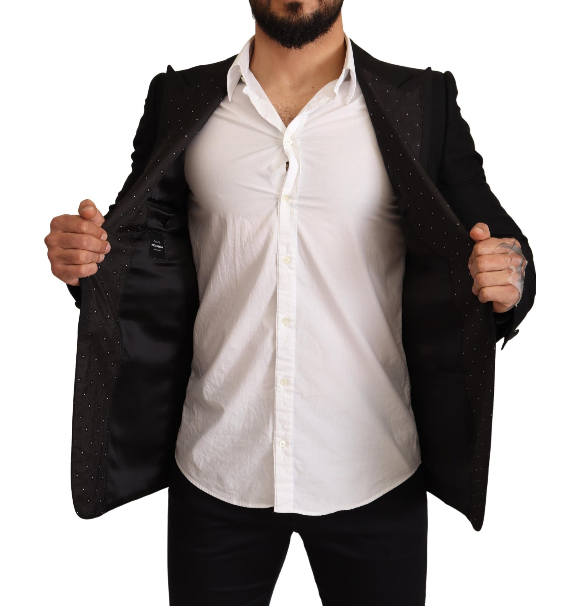 Manteau blazer noir en laine Dolce & Gabbana, coupe ajustée slim fit, avec col et détails élégants, porté sur un mannequin.