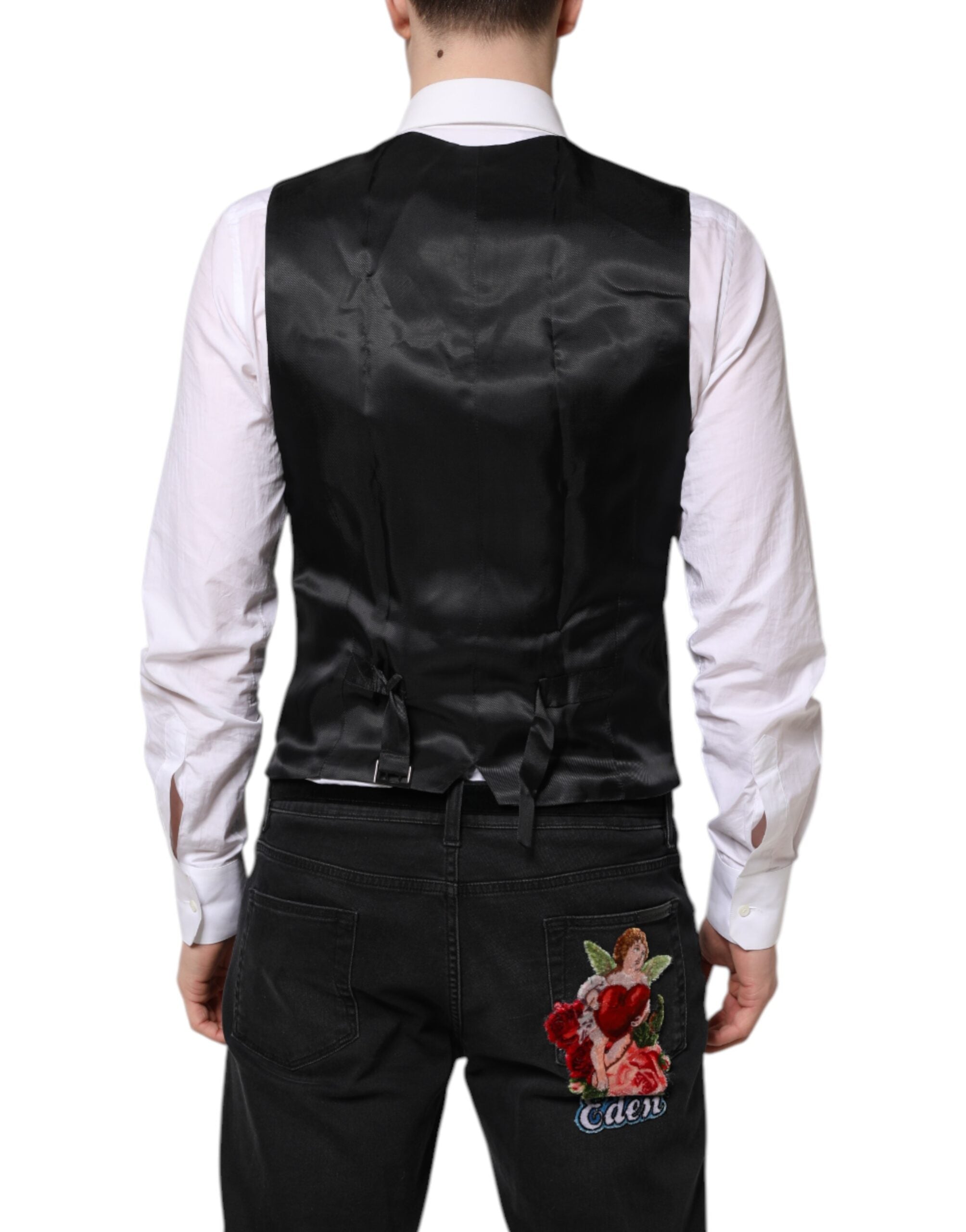 Gilet noir en laine Dolce & Gabbana, robe waistcoat formelle élégante et ajustée, détails sophistiqués et finition soignée.